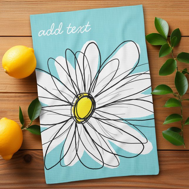 Aqua und gelber weißlicher Daisy benutzerdefiniert Geschirrtuch (Whimsical Daisy Kitchen Towel with a place to personalize - makes a great gift)