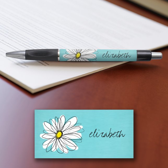 Aqua und gelber weißlicher Daisy benutzerdefiniert Kugelschreiber (Personalized writing pens - add your name or other text)