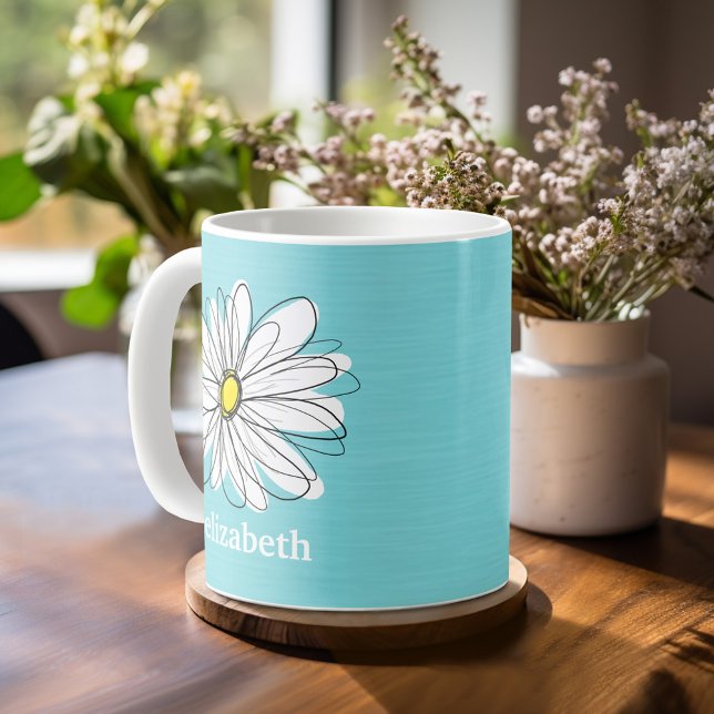 Aqua und gelber weißlicher Daisy benutzerdefiniert Tasse (Mug template with a place for a name - whimsical daisy)