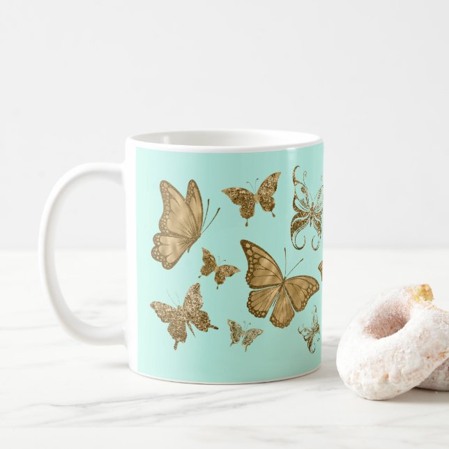 Aqua und Gold Butterfly Tasse (Mit Donut)