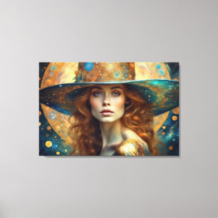 Aqua und Gold Frauen in Hat Blue Eyes Auburn Hair Leinwanddruck