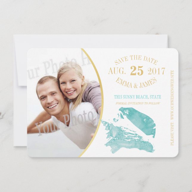 Aqua und Gold Seashell Save the Date (Vorderseite)