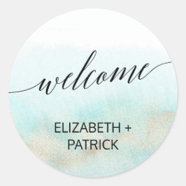 Aqua und Gold Watercolor Beach Hochzeit Willkommen Runder Aufkleber