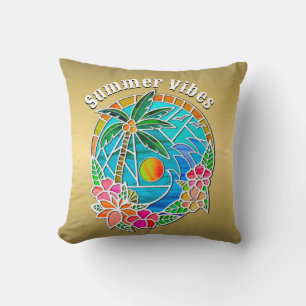 Aqua und Golden Ocean Palm Tree Sommerlandschaft Kissen