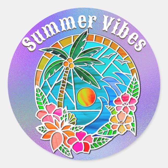 Aqua und Golden Ocean Palm Tree Sommerlandschaft Runder Aufkleber (Vorderseite)