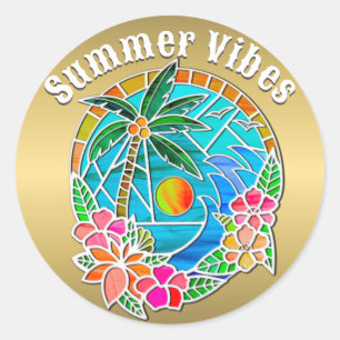 Aqua und Golden Ocean Palm Tree Sommerlandschaft Runder Aufkleber