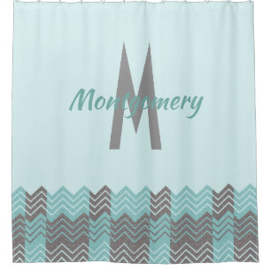 Aqua und Grauer Zickzack Mit Monogramm Duschvorhan Duschvorhang