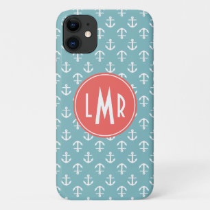 Aqua-und Korallen-Monogramm-Anker-Muster Case-Mate iPhone Hülle