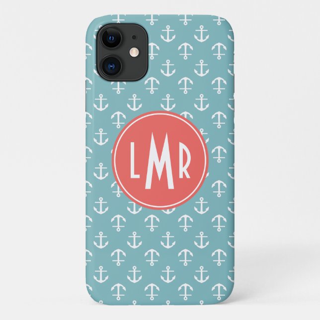 Aqua-und Korallen-Monogramm-Anker-Muster Case-Mate iPhone Hülle (Rückseite)