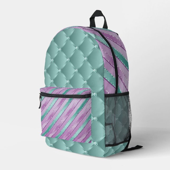 AQUA UND LILA SHIMMER SEHEN GESTUFTE AUSSICHTEN UN BEDRUCKTER RUCKSACK (Rückseitige Ecke Rechts)