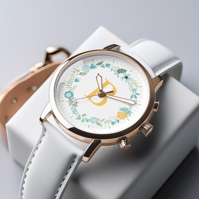 Aqua und Mit Monogramm gelber Blumenreath Armbanduhr (Inspiration mockup (not actual product))