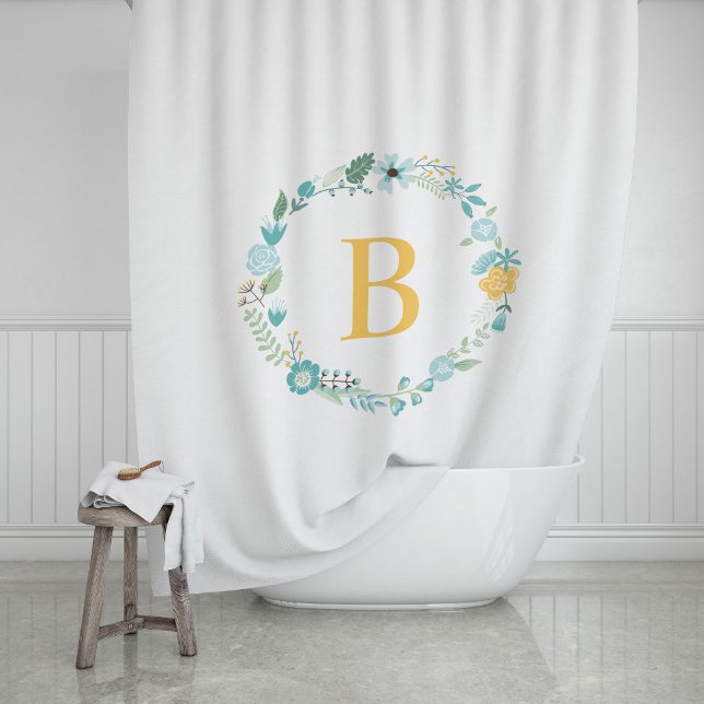 Aqua und Mit Monogramm gelber Blumenreath Duschvorhang (Von Creator hochgeladen)