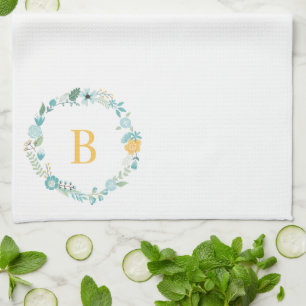 Aqua und Mit Monogramm gelber Blumenreath Küchentuch