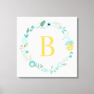 Aqua und Mit Monogramm gelber Blumenreath Leinwanddruck