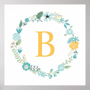 Aqua und Mit Monogramm gelber Blumenreath Poster