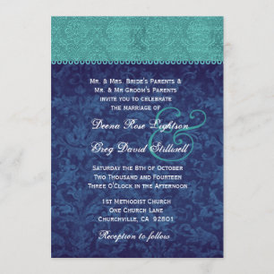 Aqua und Navy Blue Damask Two Tone Wedding V326 V2 Einladung