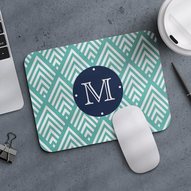 Aqua und Navy Preppy Diamond Zickzack Monogram Mousepad (Von Creator hochgeladen)