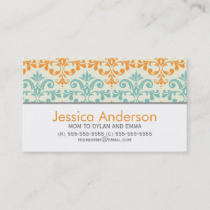 Aqua und orange Damast-Muster-Telefonkarten Telefonnummerkarte
