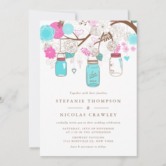 Aqua und Pink Hanging Mason Jars Wedding Einladung (Vorderseite)