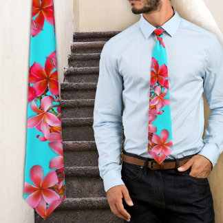 Aqua und Pink Hawaiian Plumeria Print Krawatte