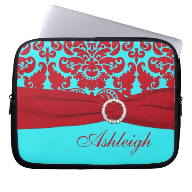 Aqua und Red Damask IMITATE Ribbon Laptop-Sieb Laptopschutzhülle (Vorderseite)