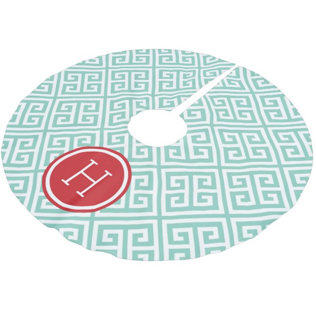 Aqua und Red Greece Key Monogram Polyester Weihnachtsbaumdecke (Schrägansicht)