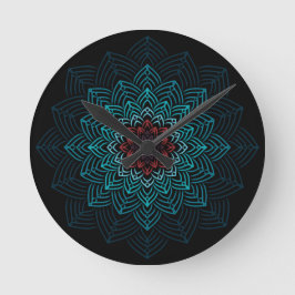 Aqua- und rote Blumenmandala Runde Wanduhr
