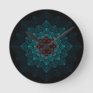 Aqua- und rote Blumenmandala Runde Wanduhr