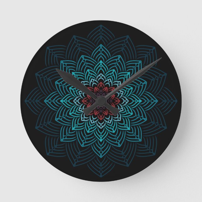 Aqua- und rote Blumenmandala Runde Wanduhr (Vorderseite)