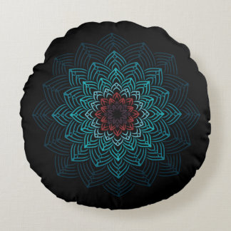 Aqua- und rote Blumenmandala Rundes Kissen