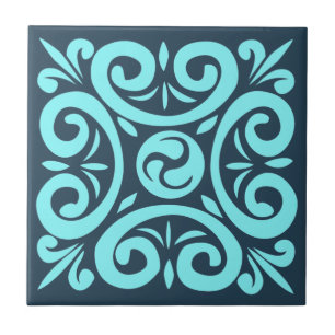 Aqua und Schwarz auf Blau kompliziertes Blumenmust Fliese