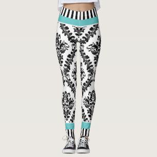 Aqua und Schwarz-weiße Damastmuster und Streifen Leggings
