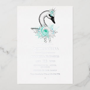 Aqua- und Silber-Schwan-Quinceañera-Folien-Einladu Folieneinladung