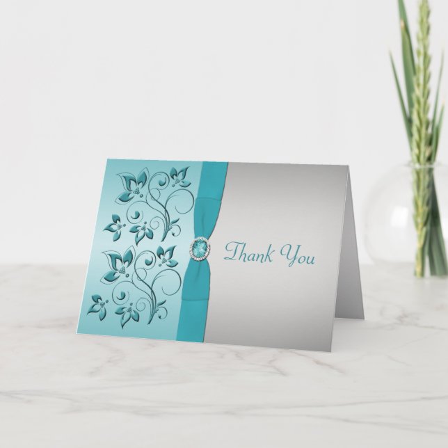 Aqua und Silver Floral Danke Karte (Vorderseite)