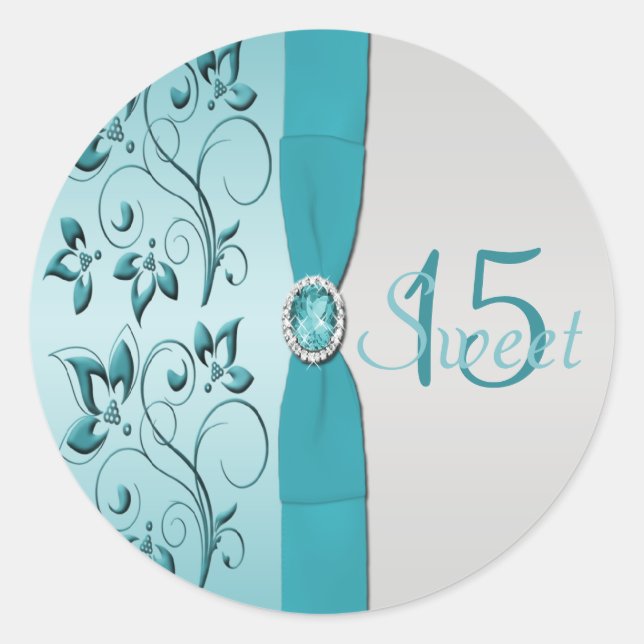 Aqua und Silver Floral Quinceanera Sticker (Vorderseite)
