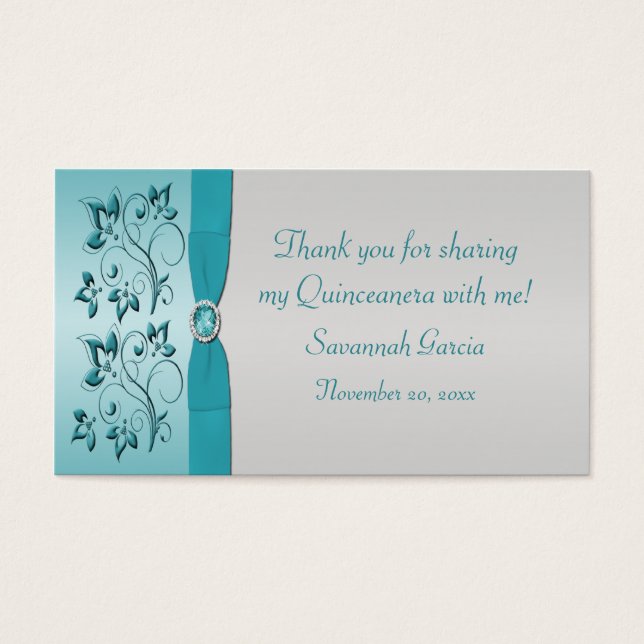 Aqua und Silver Quinceanera/Sweet 16 Gefallen Tag (Vorderseite)