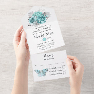 Aqua und Silver Vintage Shabby-Rose Hochzeit All In One Einladung