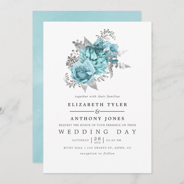 Aqua und Silver Vintage Shabby-Rose Hochzeit Einladung (Vorne/Hinten)
