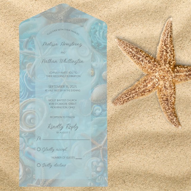 Aqua und Tan Muscheln & Starfish All In One Einladung (Available with QR code. )