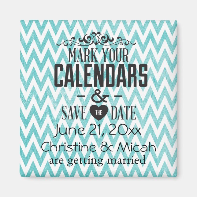 Aqua und Weiß Save the Date Zickzack Magnet (Vorne)