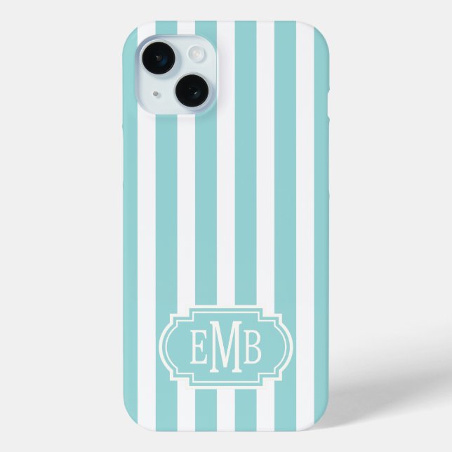 Aqua und weiße monogrammierte Streifen Case-Mate iPhone Hülle (Rückseite)