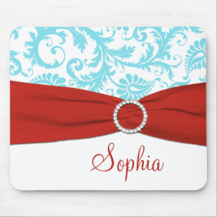 Aqua und White Damask, Imitate Rote Ribbon Mousepa Mousepad