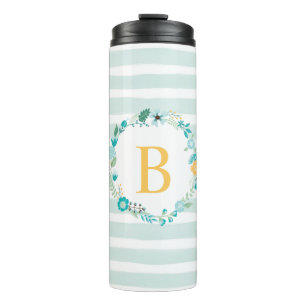 Aqua und Yellow Floral Monogramm Thermosbecher