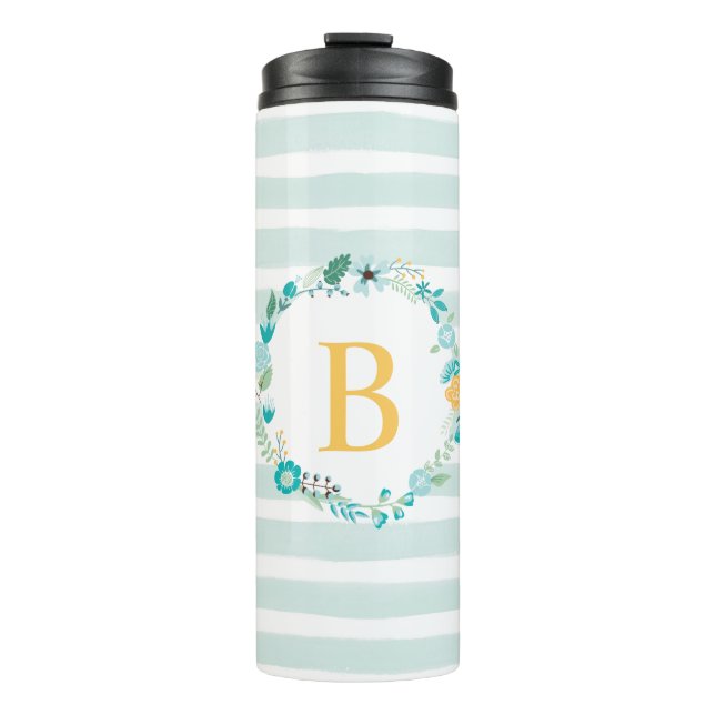 Aqua und Yellow Floral Monogramm Thermosbecher (Vorderseite)