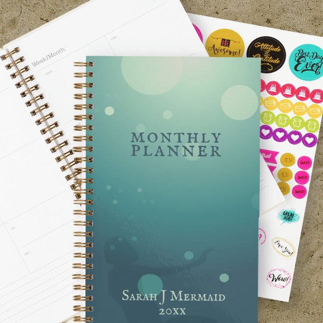 Aqua Underwater Mermaid Brain Dump Monthly Planner Planer (Add your name to this teal green mermaid planner )