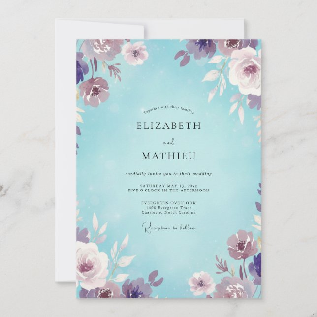 Aqua-Veilchen-Blumen-Hochzeit Einladung (Vorderseite)