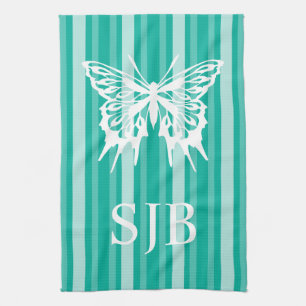 Aqua Viktorianisch Strip mit Butterfly Monogramm Geschirrtuch