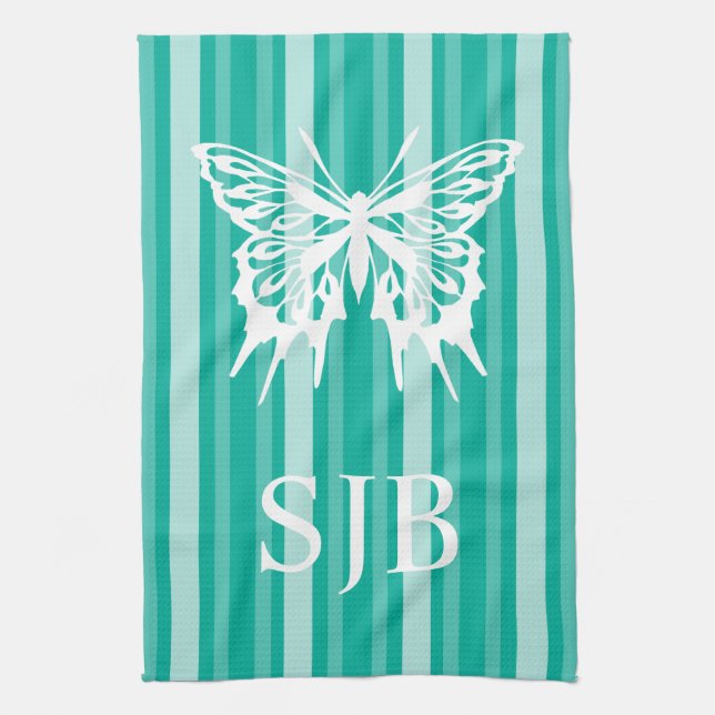 Aqua Viktorianisch Strip mit Butterfly Monogramm Geschirrtuch (Vertikal)