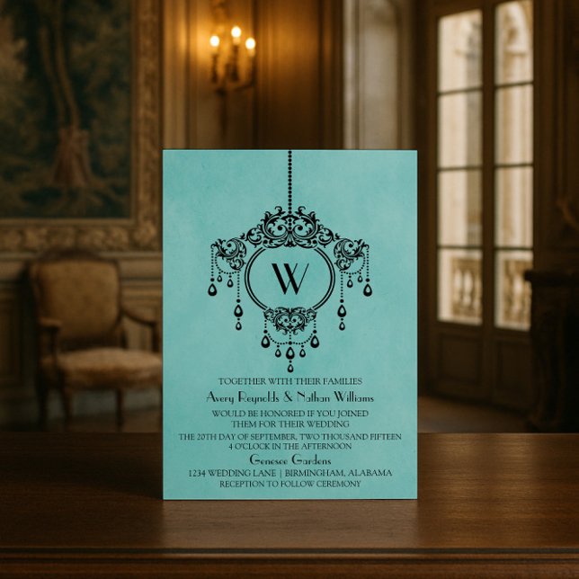Aqua Vintag Chandelier Wedite Invite Einladung (Aqua Vintage Chandelier Wedding Invite)