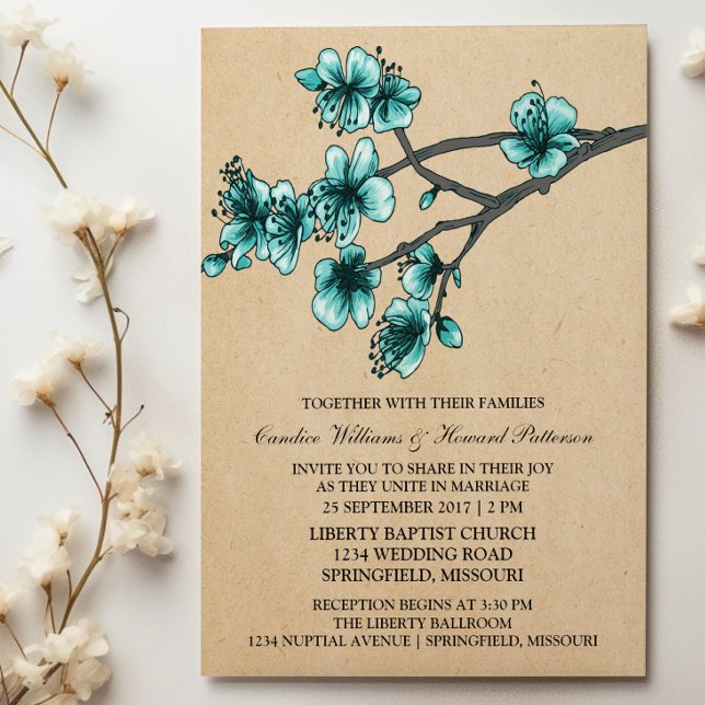 Aqua Vintag Cherry Blossoms Hochzeit Einladung (Aqua Vintage Cherry Blossoms Wedding Invite)